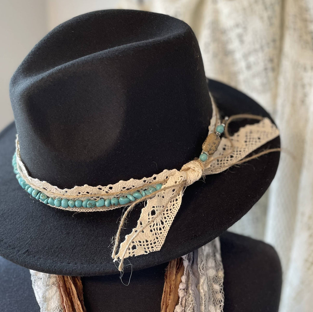 Turquoise Magnesite Pebbles, Lace & Jute Hat Band
